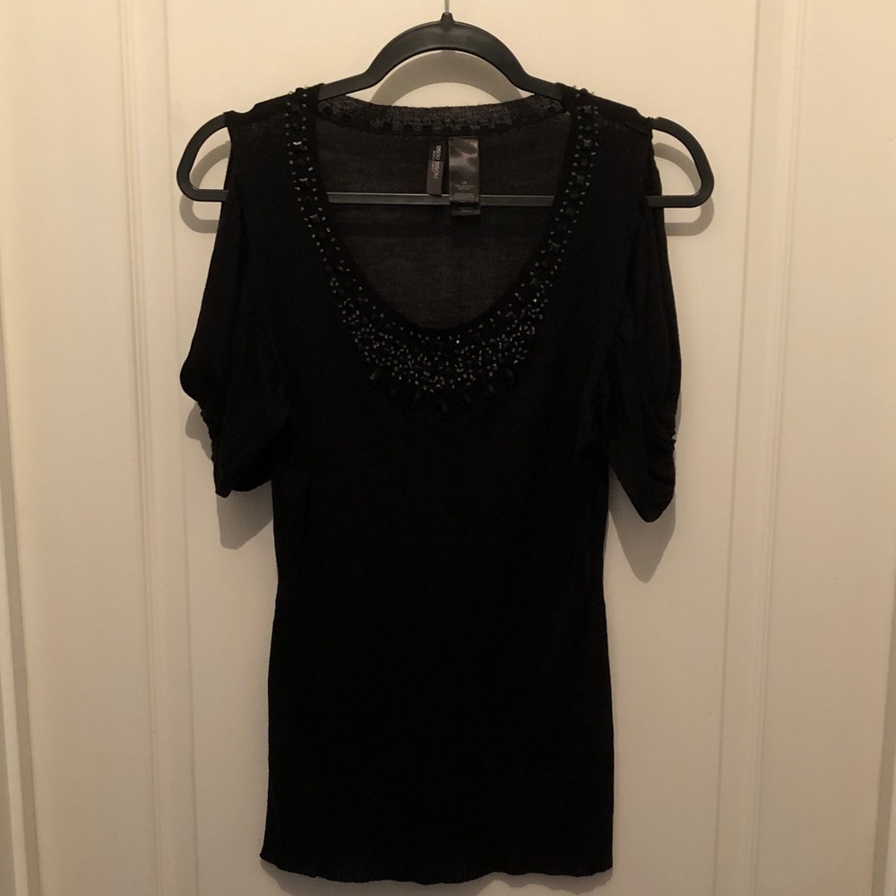 Bisou Bisou Black Beaded Cold-Shoulder Scoop Neck Top